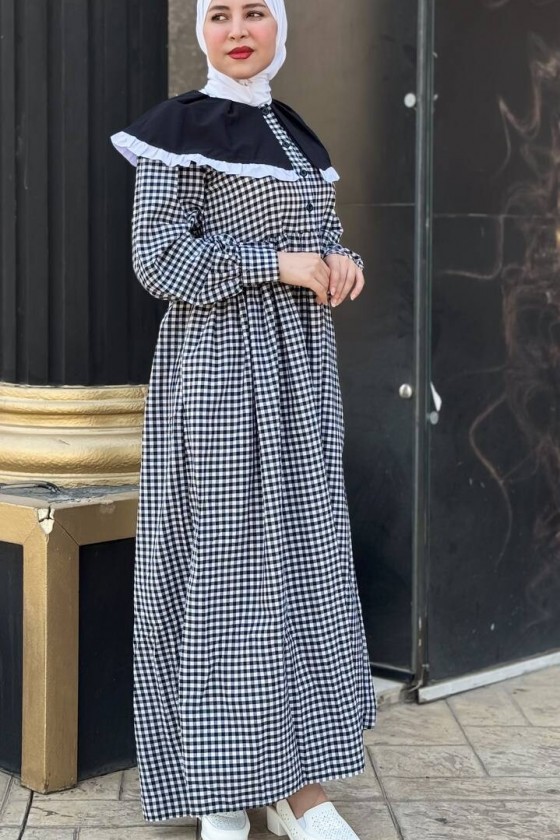 4483 - Kareli Tesettür Elbise Si̇yah-F1