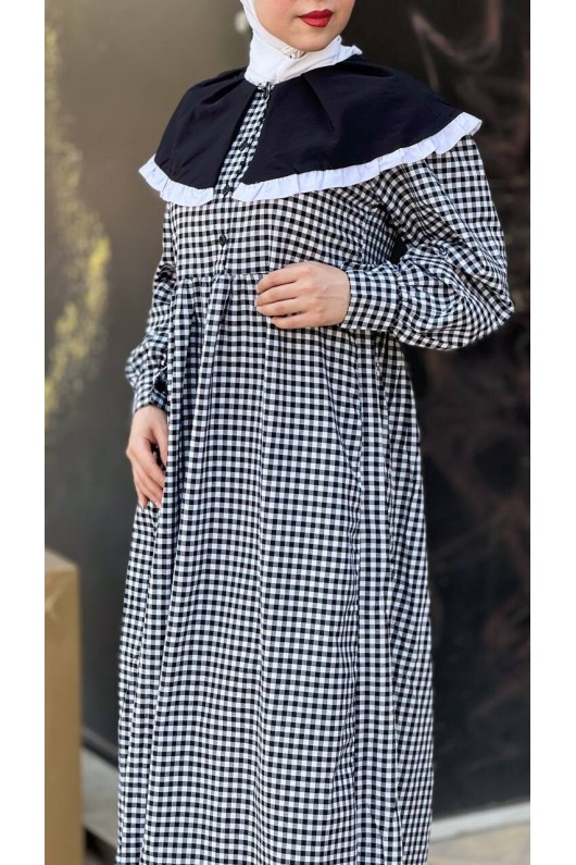 4483 - Kareli Tesettür Elbise Si̇yah-F1