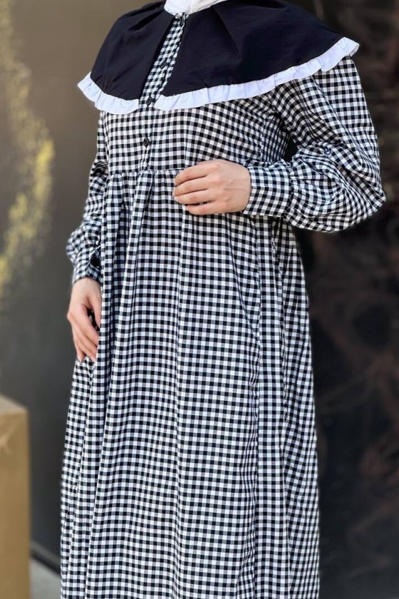 4483 - Kareli Tesettür Elbise Si̇yah-F1