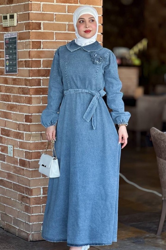 4484 - Tesettür Kemerli Elbise Mavi̇-G5