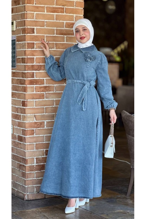 4484 - Tesettür Kemerli Elbise Mavi̇-G5 4484 - Tesettür Kemerli Elbise Mavi̇-G5