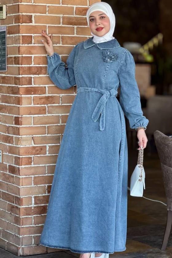 4484 - Tesettür Kemerli Elbise Mavi̇-G5