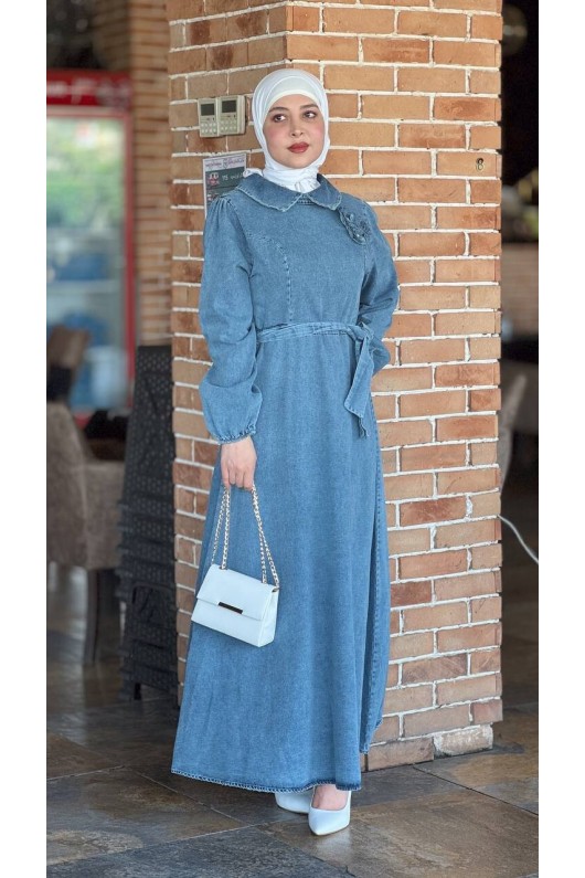 4484 - Tesettür Kemerli Elbise Mavi̇-G5 4484 - Tesettür Kemerli Elbise Mavi̇-G5