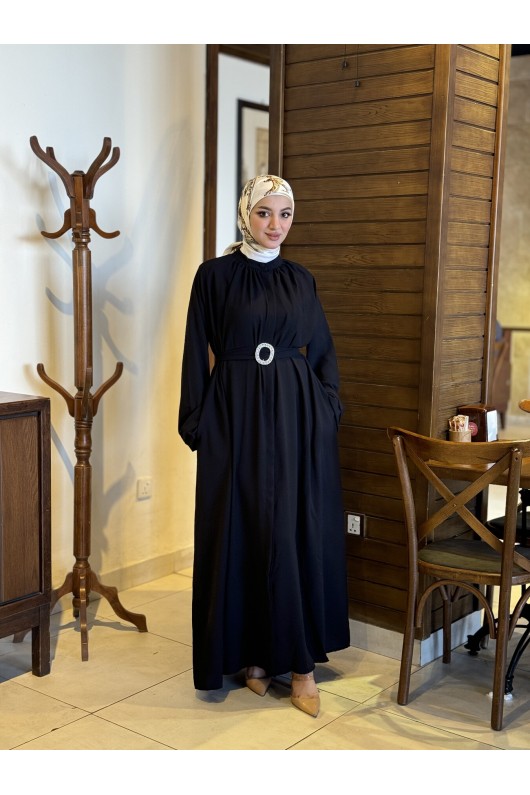 4465 - Kemerli Tesettür Elbise Si̇yah-A13 4465 - Kemerli Tesettür Elbise Si̇yah-A13