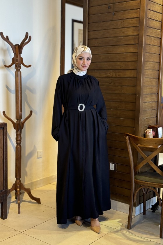 4465 - Kemerli Tesettür Elbise Si̇yah-A13