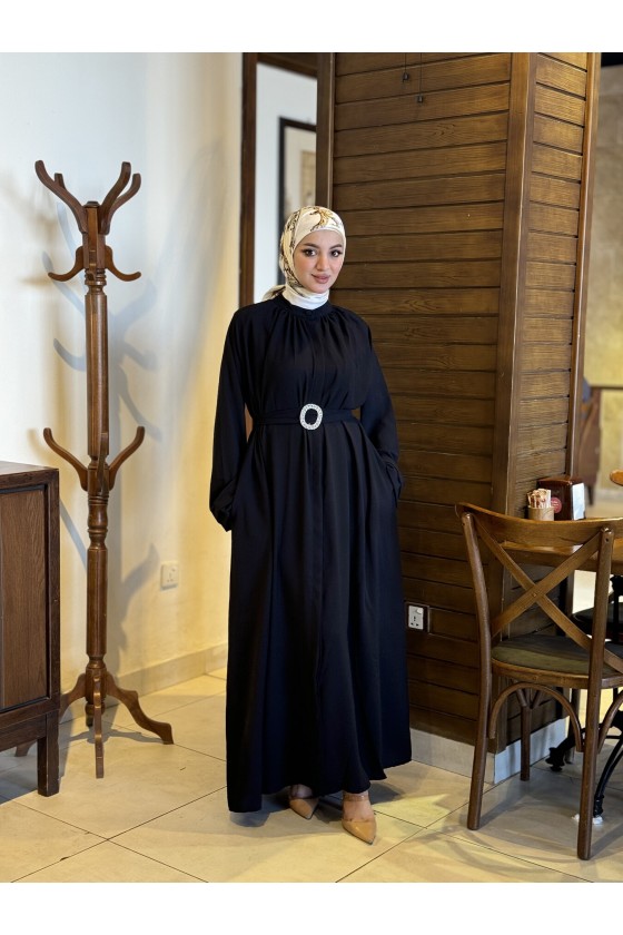 4465 - Kemerli Tesettür Elbise Si̇yah-A13