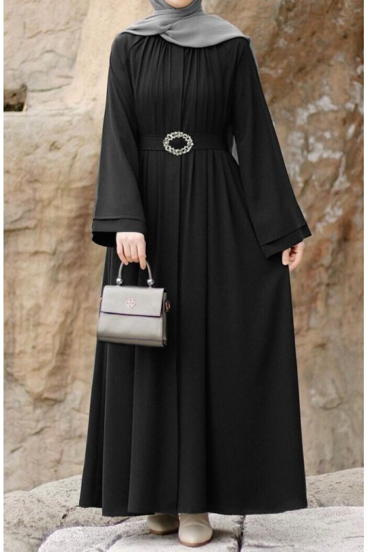 4465 - Kemerli Tesettür Elbise Si̇yah-A13 4465 - Kemerli Tesettür Elbise Si̇yah-A13