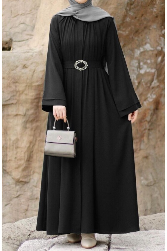 4465 - Kemerli Tesettür Elbise Si̇yah-A13 4465 - Kemerli Tesettür Elbise Si̇yah-A13