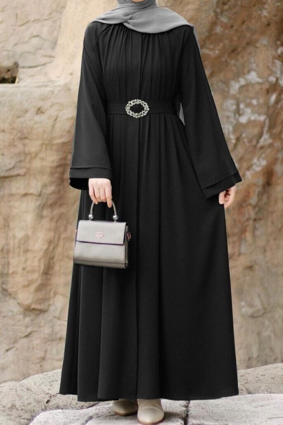 4465 - Kemerli Tesettür Elbise Si̇yah-A13