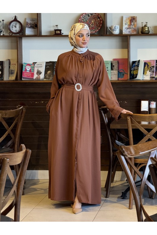4465 - Kemerli Tesettür Elbise Kahverengi̇-A13 4465 - Kemerli Tesettür Elbise Kahverengi̇-A13