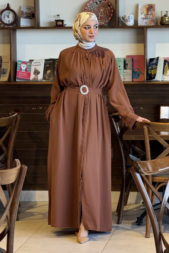 4465 - Kemerli Tesettür Elbise Kahverengi̇-A13