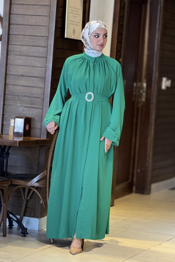 4465 - Kemerli Tesettür Elbise Yeşi̇l-A13