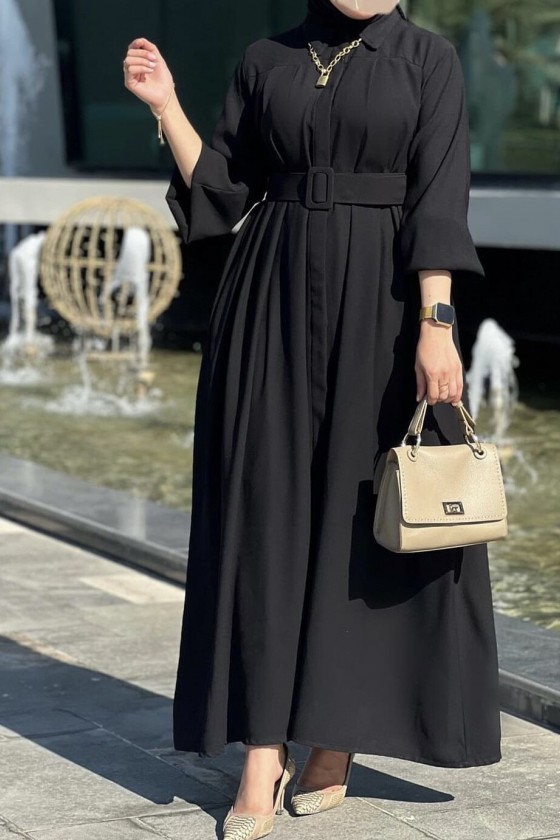 4486 - Kemerli Tesettür Tunik Si̇yah-E4