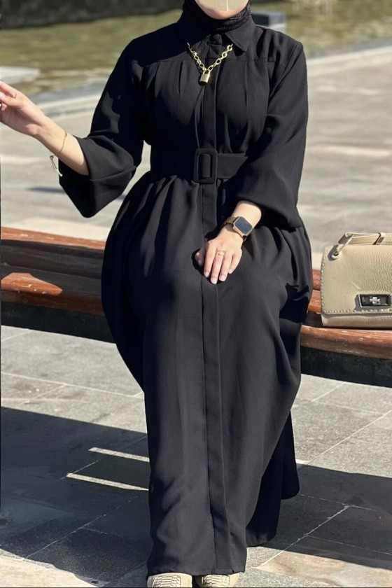 4486 - Kemerli Tesettür Tunik Si̇yah-E4