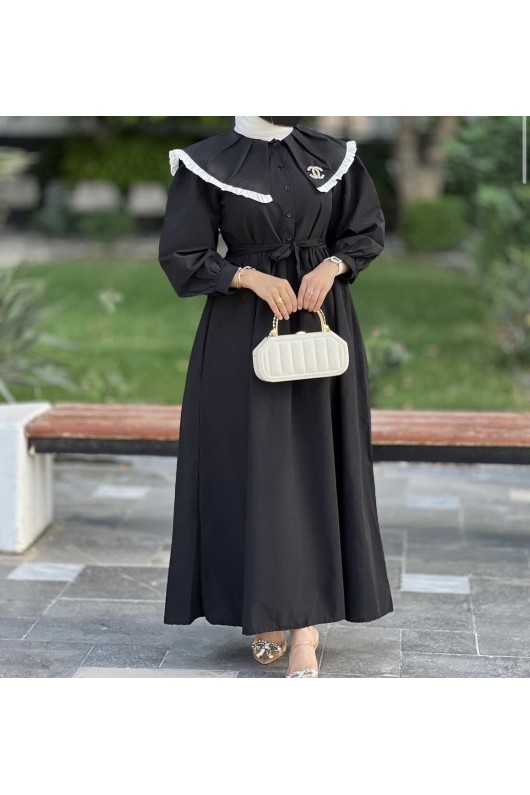 4487 - Yakalı Tesettür Elbise Si̇yah-J4