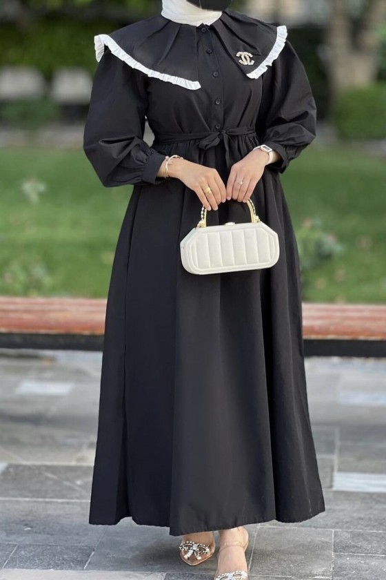 4487 - Yakalı Tesettür Elbise Si̇yah-J4