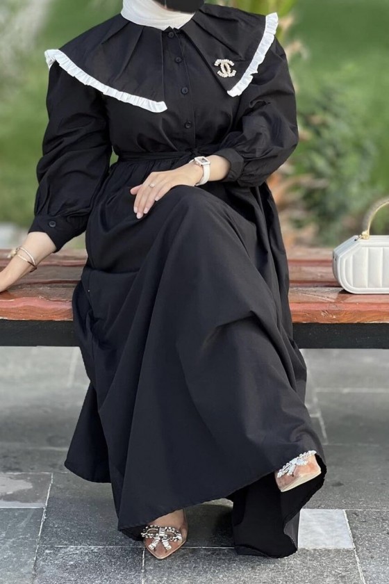 4487 - Yakalı Tesettür Elbise Si̇yah-J4