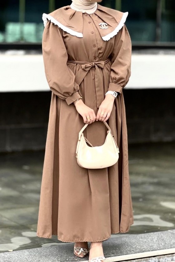 4487 - Yakalı Tesettür Elbise Camel-J4