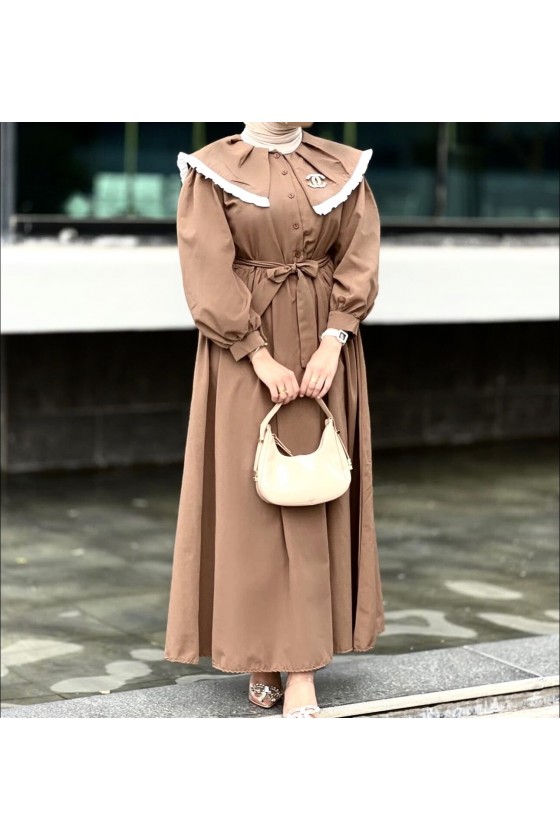 4487 - Yakalı Tesettür Elbise Camel-J4