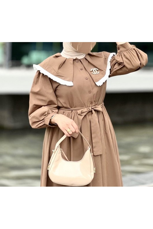 4487 - Yakalı Tesettür Elbise Camel-J4