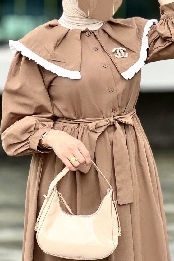 4487 - Yakalı Tesettür Elbise Camel-J4