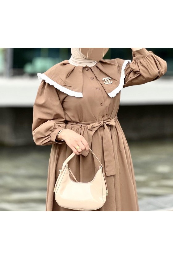 4487 - Yakalı Tesettür Elbise Camel-J4