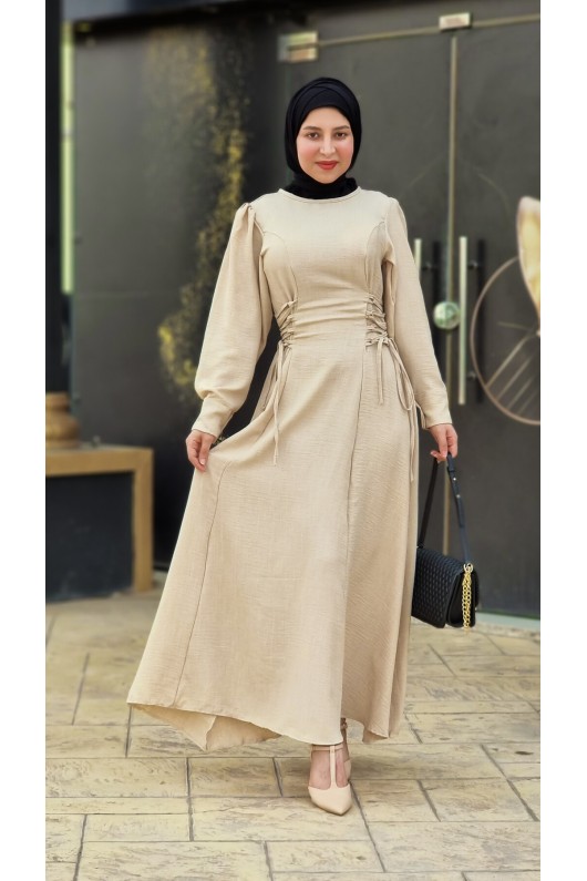 4467 - Tesettür Elbise Bej-I9