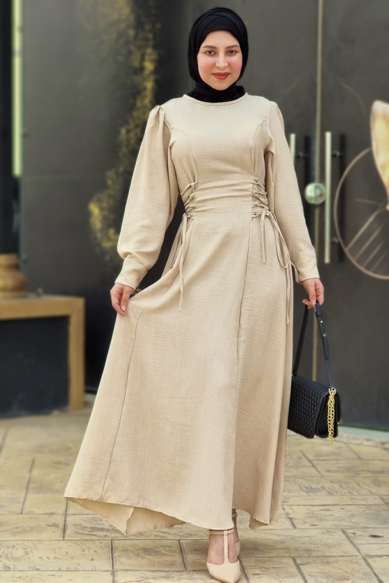 4467 - Tesettür Elbise Bej-I9
