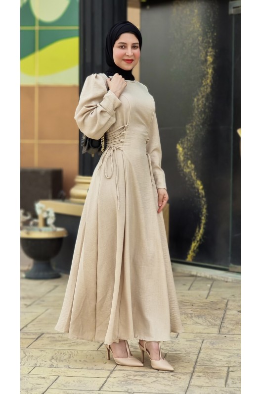 4467 - Tesettür Elbise Bej-I9