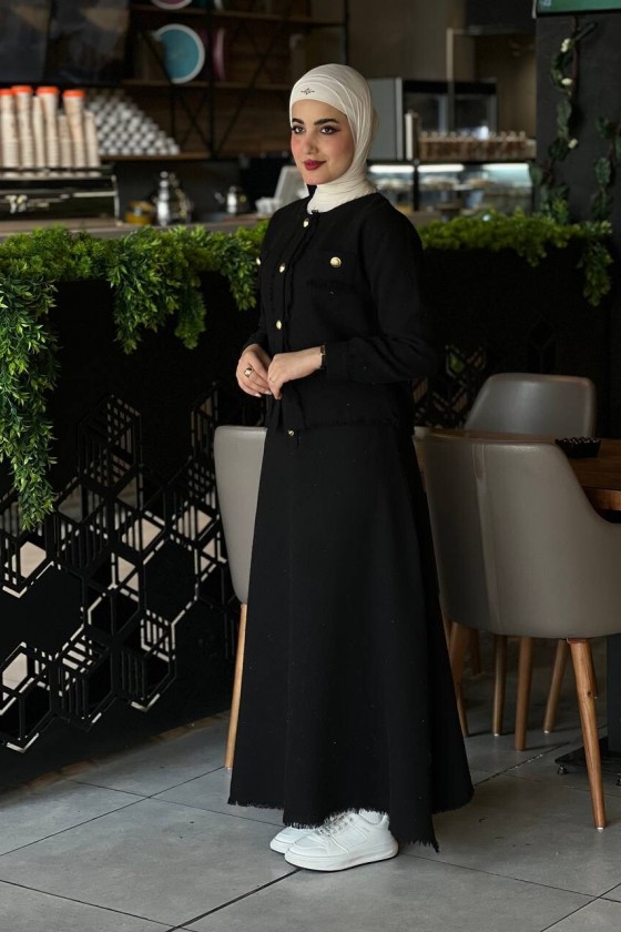 4460 - Şanel Kumaş Tesettür İkili Takım Si̇yah