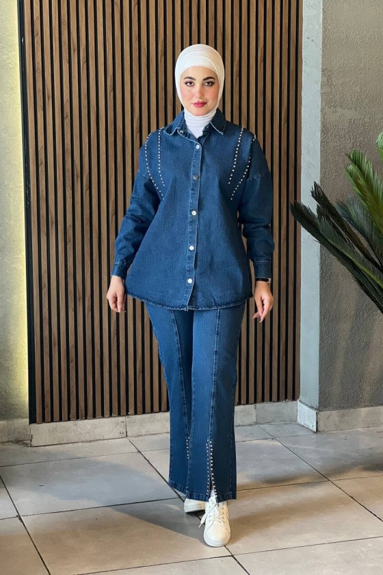 4426 - Kot Tesettür İkili Takım Mavi̇-K10