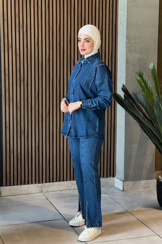 4426 - Kot Tesettür İkili Takım Mavi̇-K10