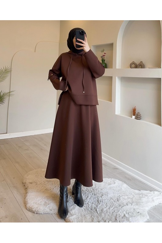 44112 - Scuba Kumaş Tesettür İkili Takım Kahverengi̇