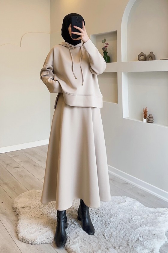 44112 - Scuba Kumaş Tesettür İkili Takım Bej