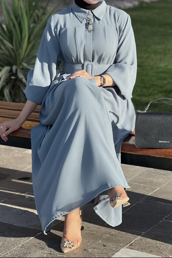 4486 - Kemerli Tesettür Tunik Mavi̇-E4