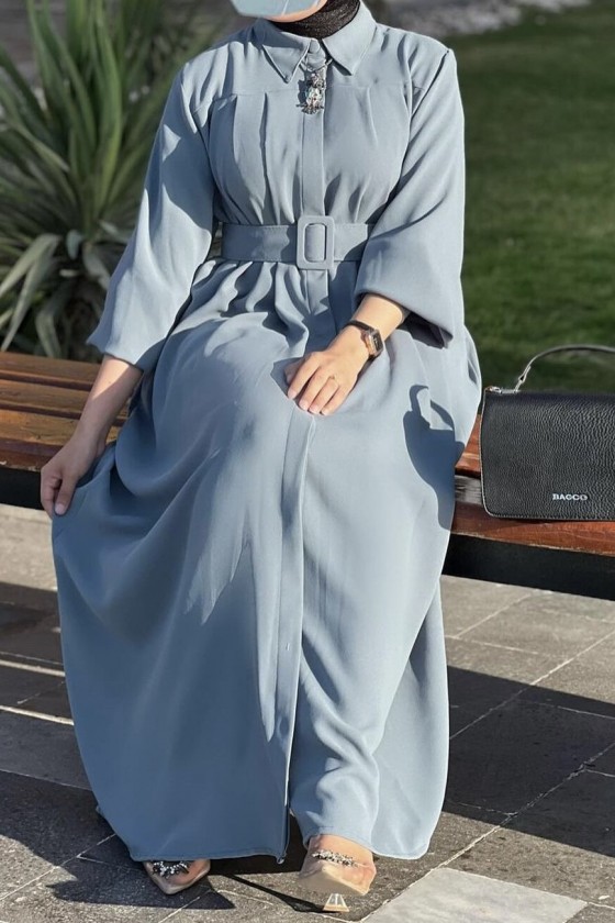 4486 - Kemerli Tesettür Tunik Mavi̇-E4