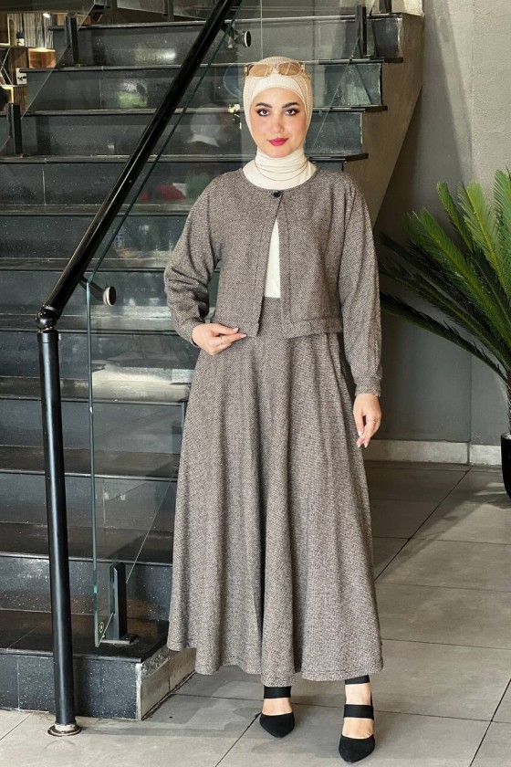 1555 - Tesettür Kaşe İkili Takım Bej F5