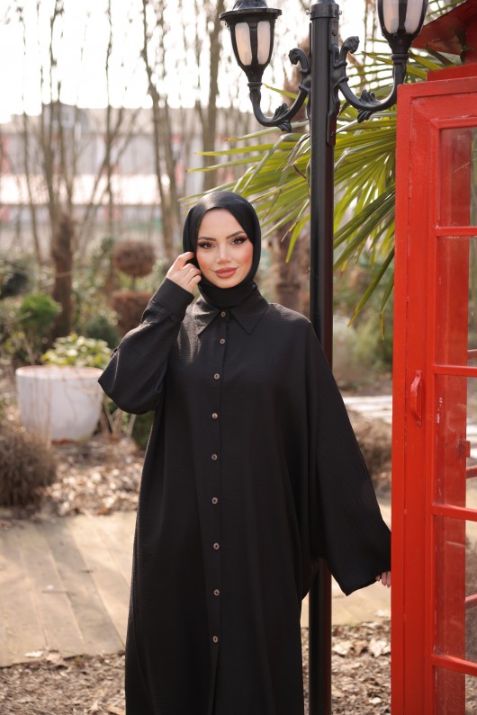 4503  Keten Uzun Tunik Si̇yah-J-7