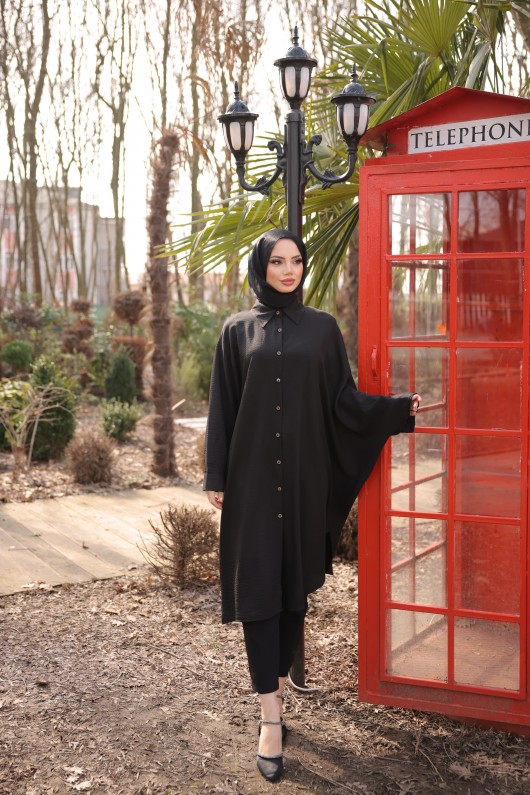 4503  Keten Uzun Tunik Si̇yah-J-7