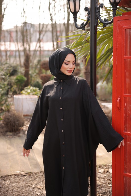 4503  Keten Uzun Tunik Si̇yah-J-7