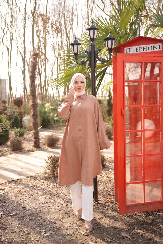 4503  Keten Uzun Tunik Kahverengi̇J-7