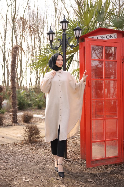 4503  - Keten Uzun Tunik Bej- J-7