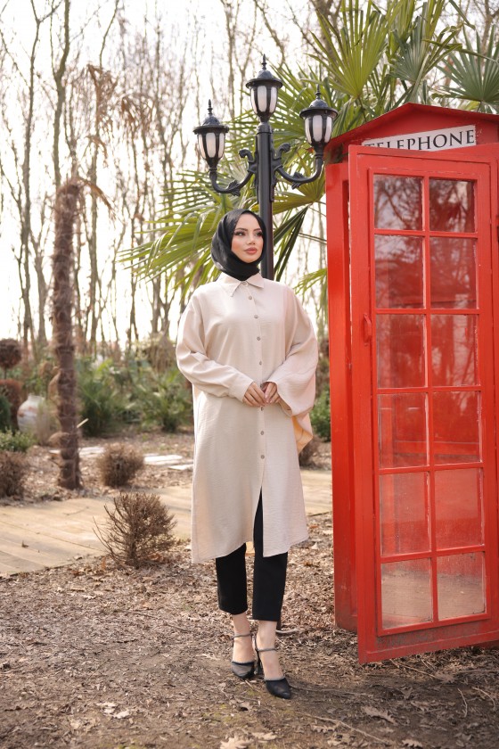 4503  - Keten Uzun Tunik Bej- J-7