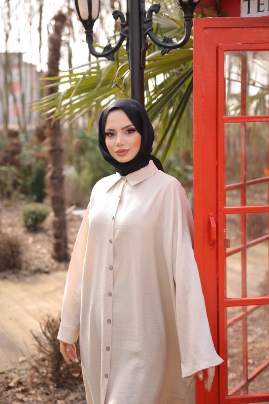 4503  - Keten Uzun Tunik Bej- J-7