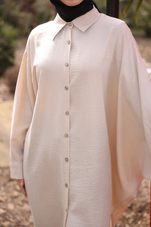 4503  - Keten Uzun Tunik Bej- J-7