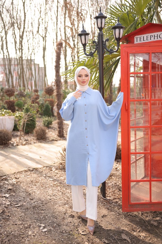 4503 - Keten Uzun Tunik Mavi̇-J-7