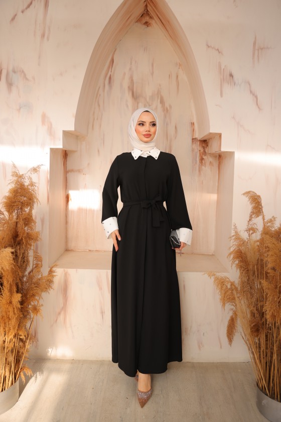 4504 - Taş Detaylı Tesettür Elbise Si̇yah-L5