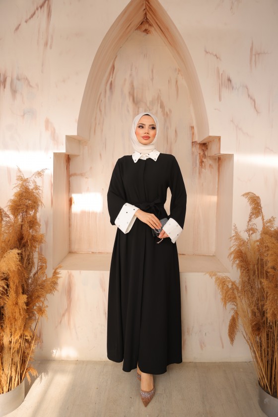 4504 - Taş Detaylı Tesettür Elbise Si̇yah-L5