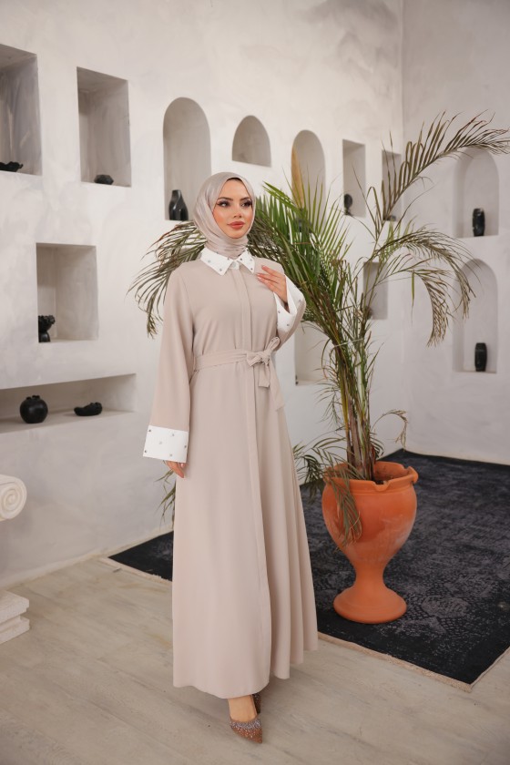 4504 -Taş Detaylı Tesettür Elbise Bej-L5