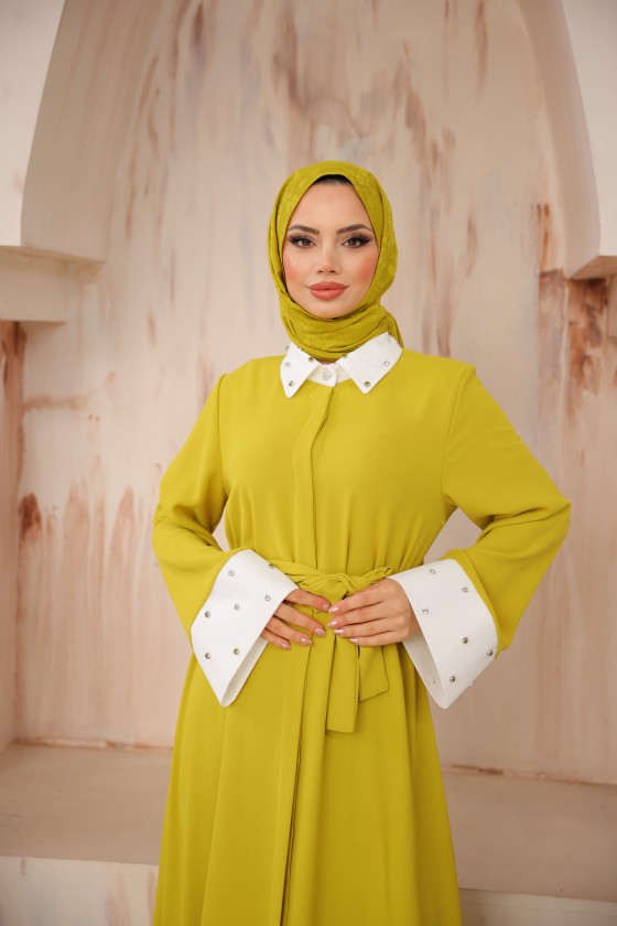 4504 - Taş Detaylı Tesettür Elbise Yeşi̇l-L5